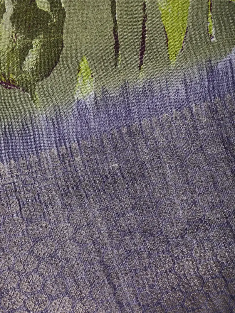 Olive Green Leaf Printed Raw Silk Saree 2