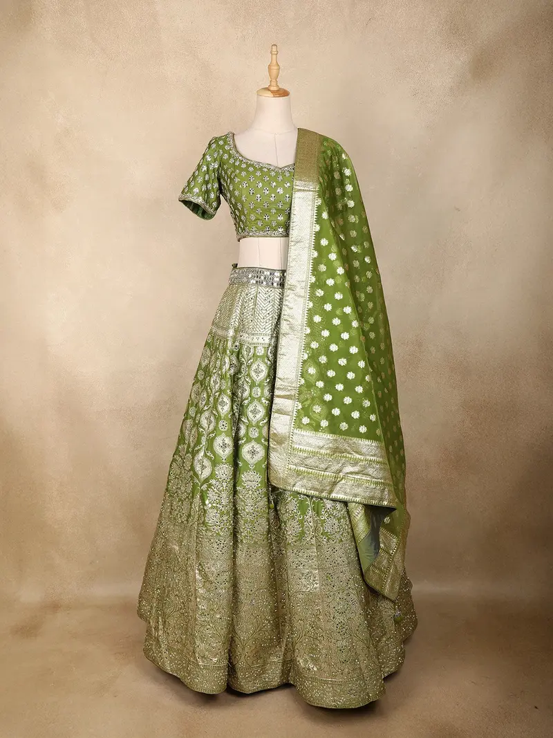 Olive Green Mirror Embroidered Banarasi Silk Lehenga Set With Dupatta 1