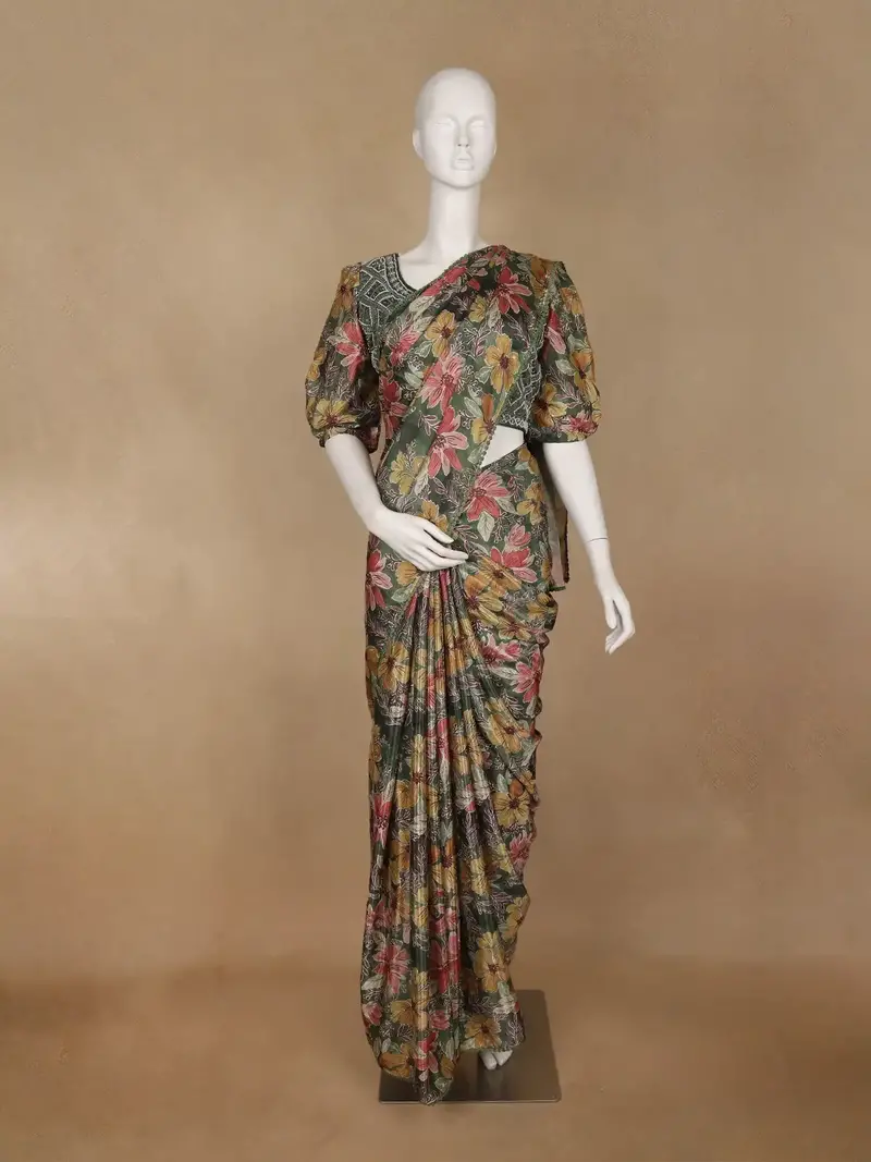 Olive Green Multicolor Floral Printed Synthetic Saree With Embroidered Blouse 1