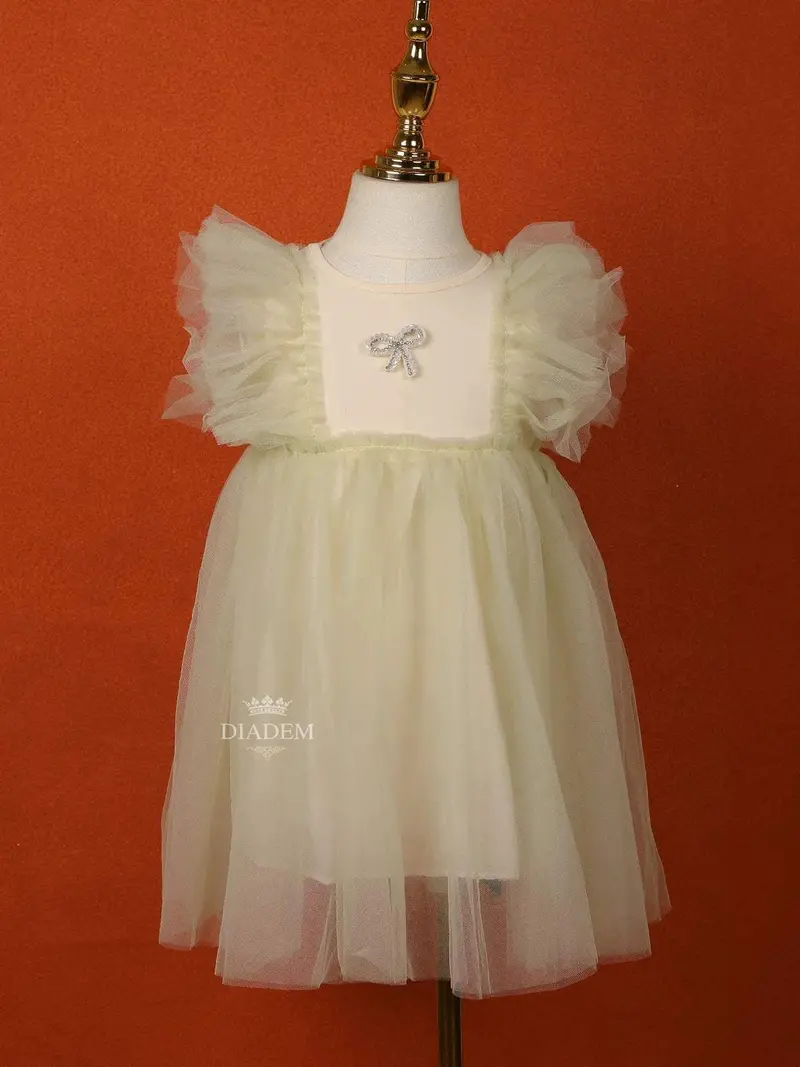 Olive Green Net Frock With Ruffle Sleeves And Attached Bow 1
