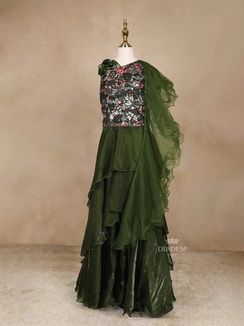 Olive Green Net Lehenga Embellished With Sequins And 3D Flowers, Paired With Dupatta 1