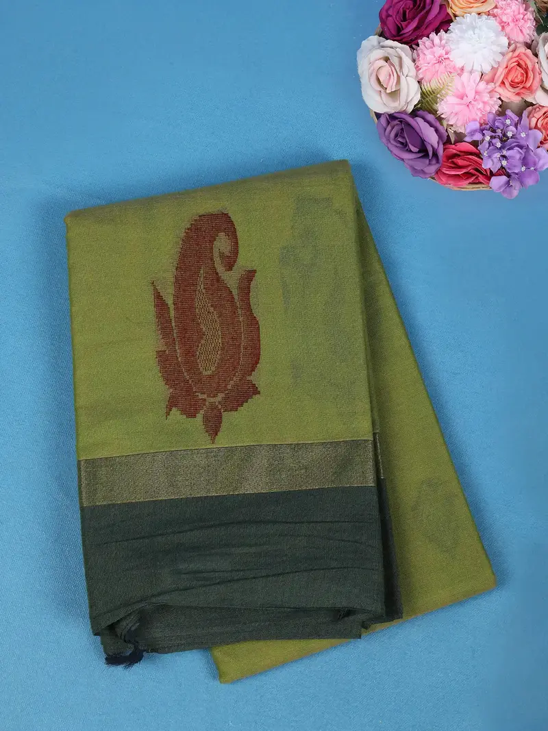 Olive Green Paisley Motif Design Cotton Saree With Dark Green Border 1