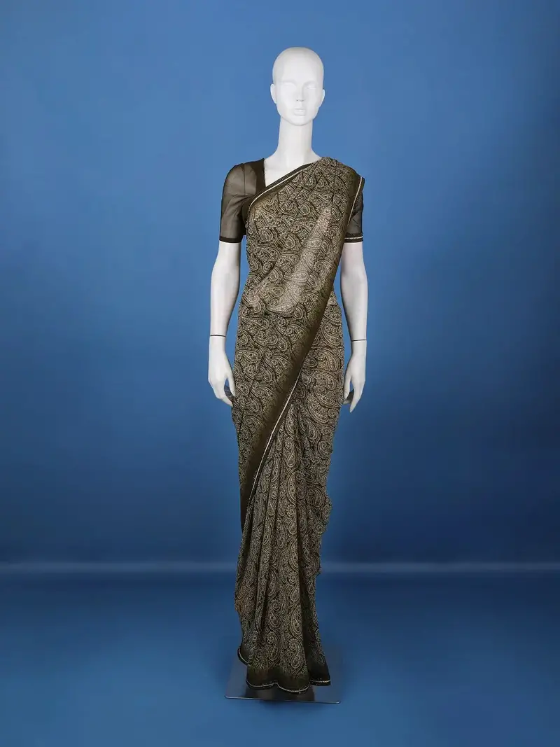Olive Green Paisley Printed Georgette Saree With Matching Blouse 1