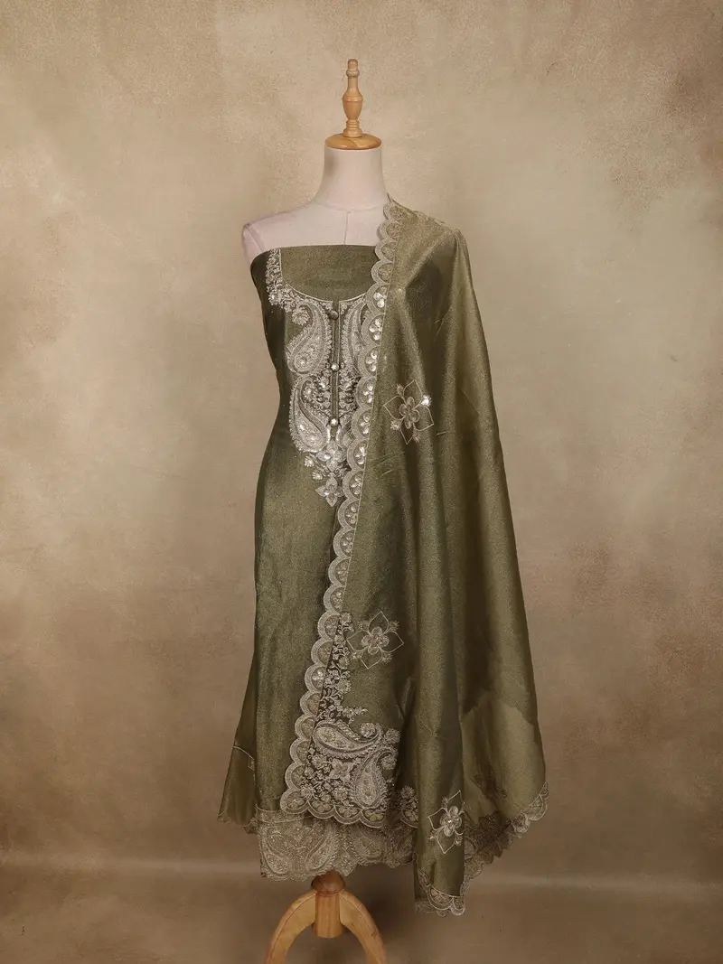 Olive Green Paisley Sequins Embroidered Design Tissue Silk Unstitched Salwar Material With Dupatta 1