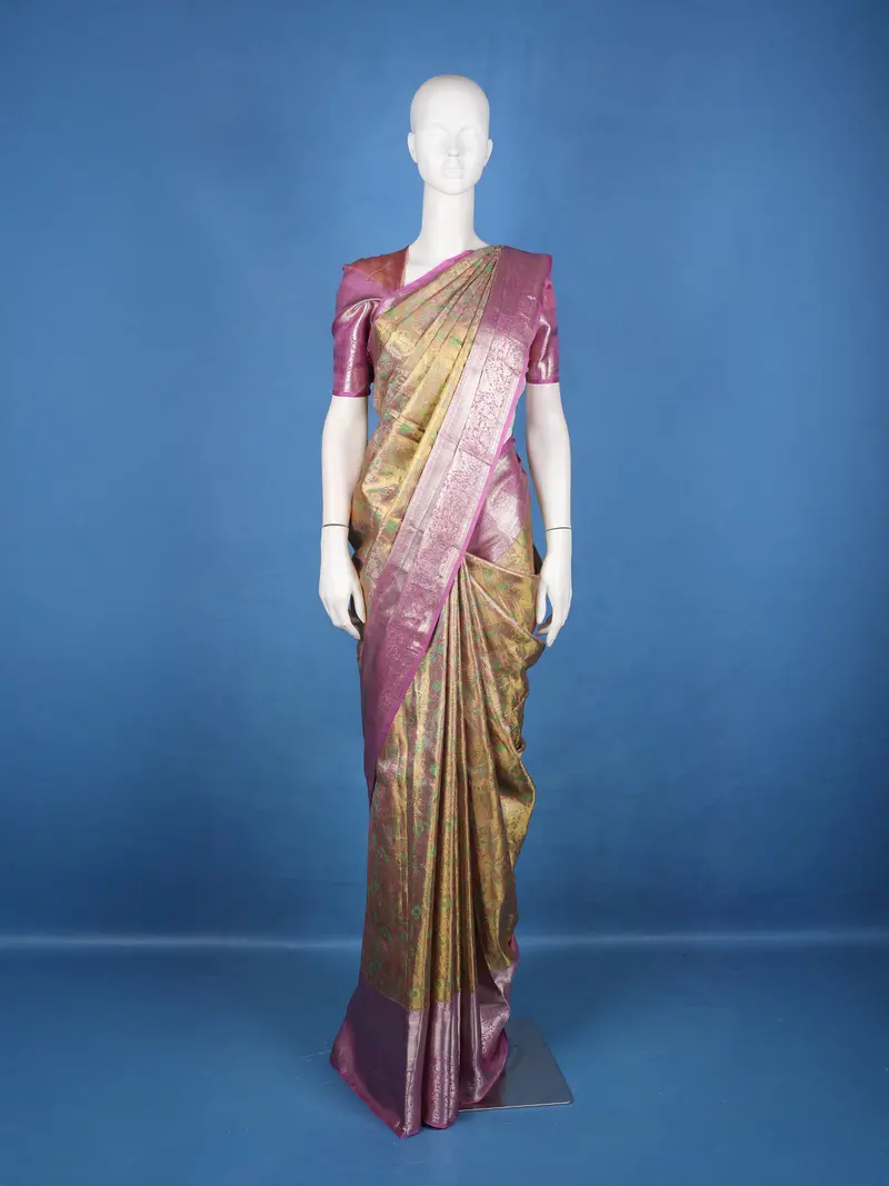 Olive Green Paisley Woven Design Pure Kanchipuram Silk Saree 1