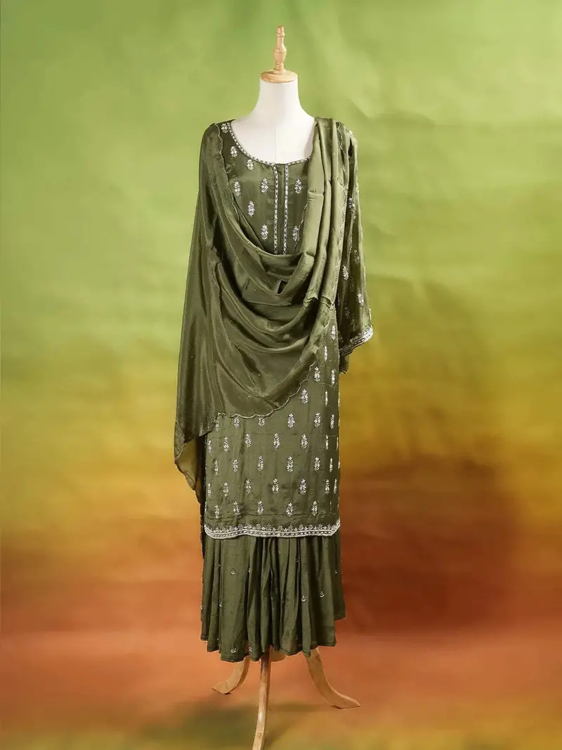 Olive Green Palazzo Suit Adorned With Floral Embroidery, With Scallop Dupatta And Full Sleeve 1