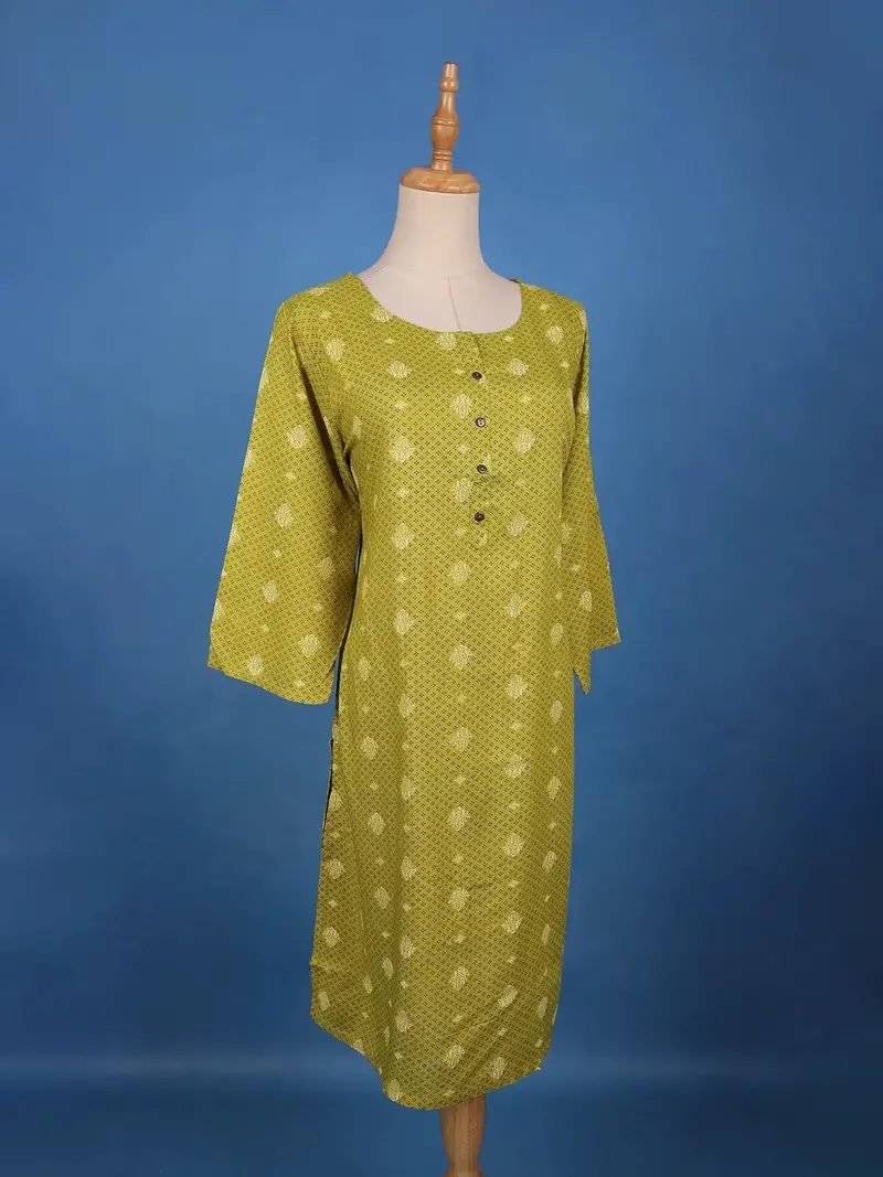 Olive Green Printed Cotton Kurti 3