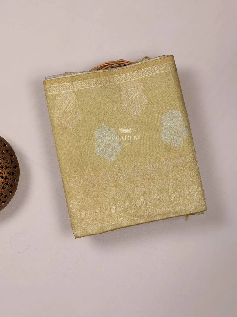 Olive Green Semi Tussar Silk Saree With Flower And Plant Design On The Body Without Border 1