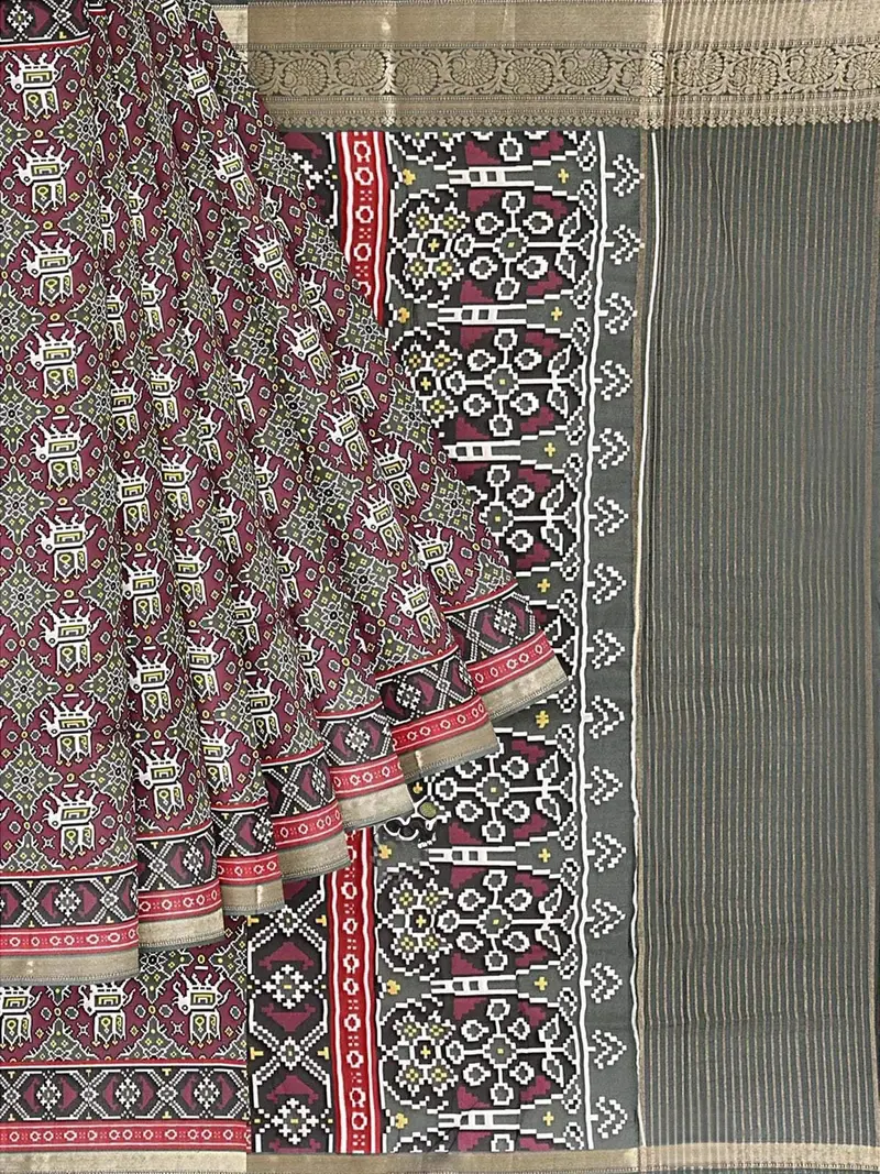 Olive Green Semi Tussar Silk Saree With Patola Prints On The Body And Contrast Zari Border 1