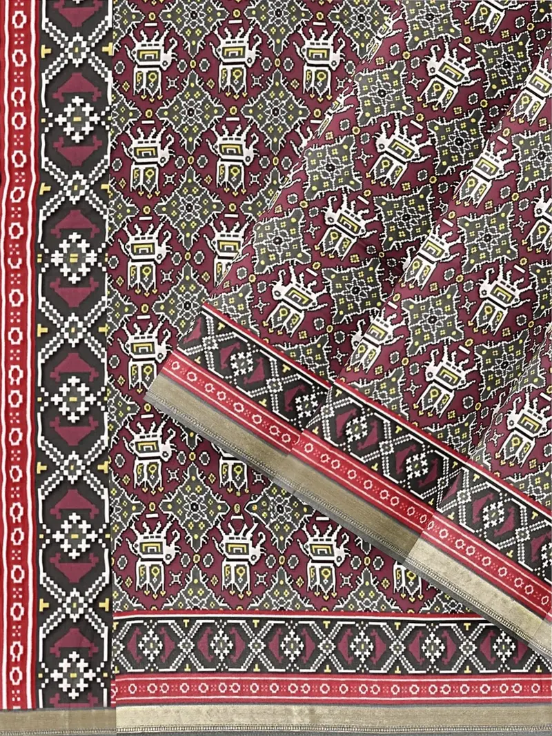 Olive Green Semi Tussar Silk Saree With Patola Prints On The Body And Contrast Zari Border 2