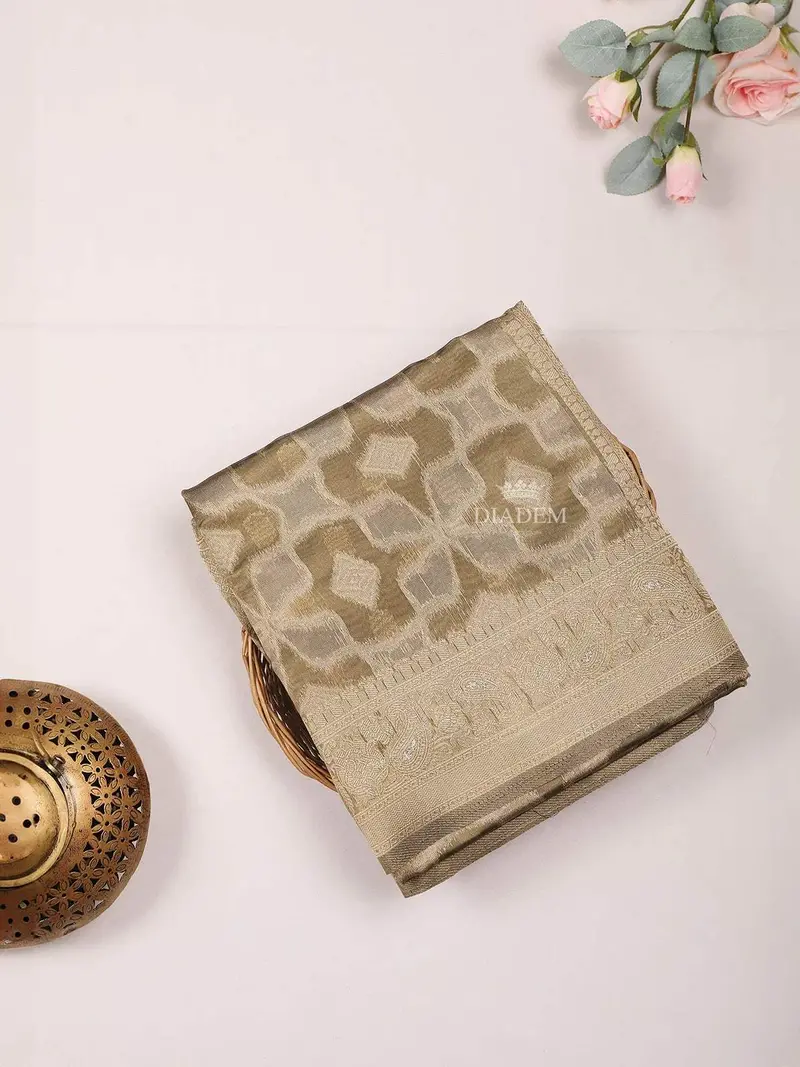 Olive Green Semi Tussar Silk Saree With Zari Brocade On The Body With Border 1