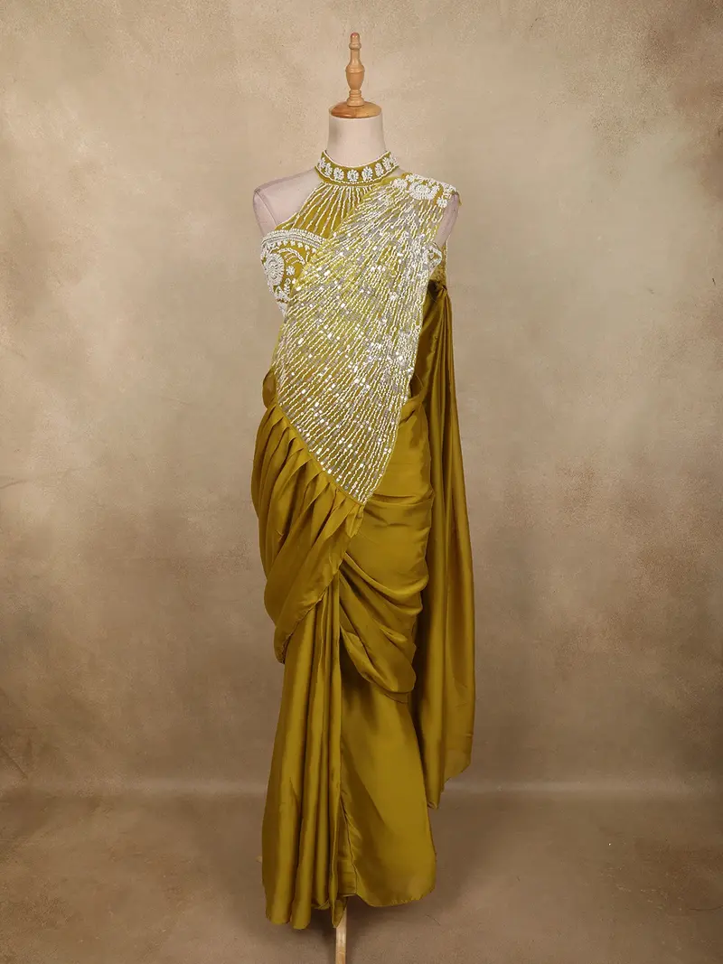 Olive Green Sequins And Beads Embroidered Design Georgette Ready To Wear Saree With Designer Blouse 1