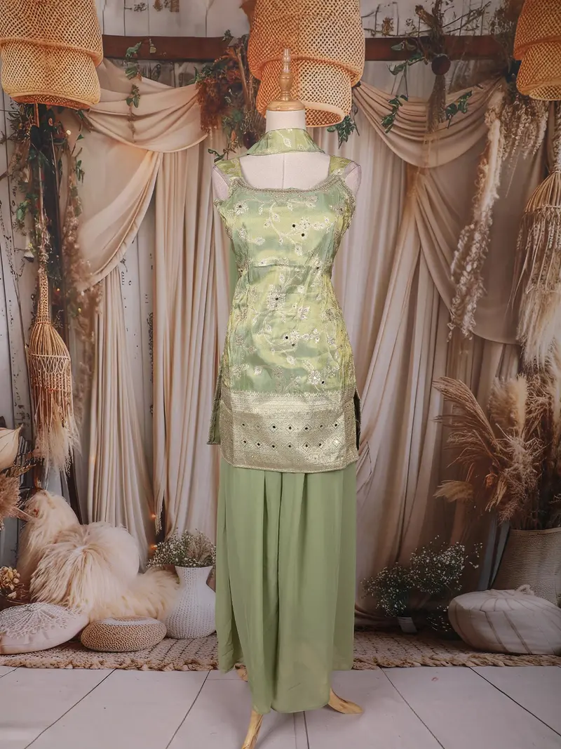 Olive Green Sequins Embroidered Design Silk Palazzo Suit With Dupatta 1