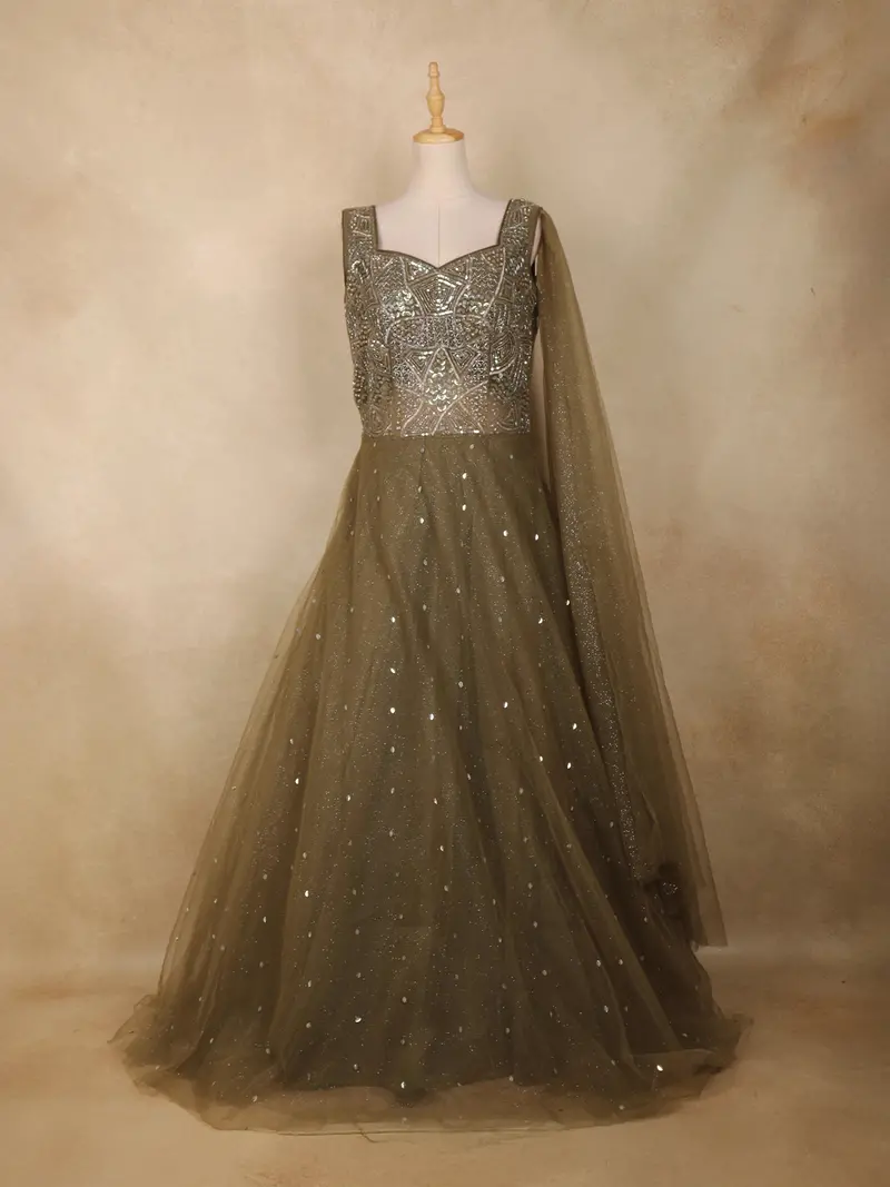 Olive Green Sequins Embroidered Net Gown With Attached Dupatta 1