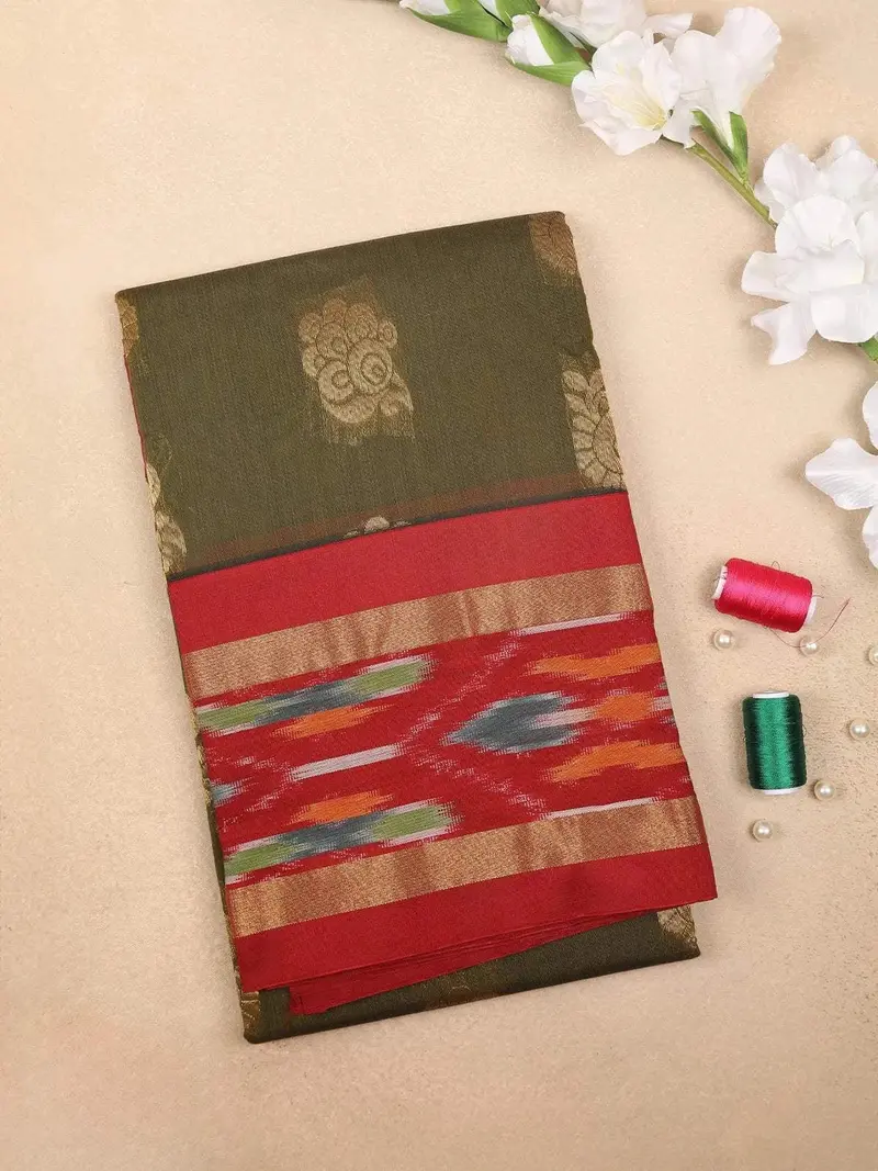 Olive Green Silk Cotton Saree With Floral Motif Design On The Body And Contrast Border 1