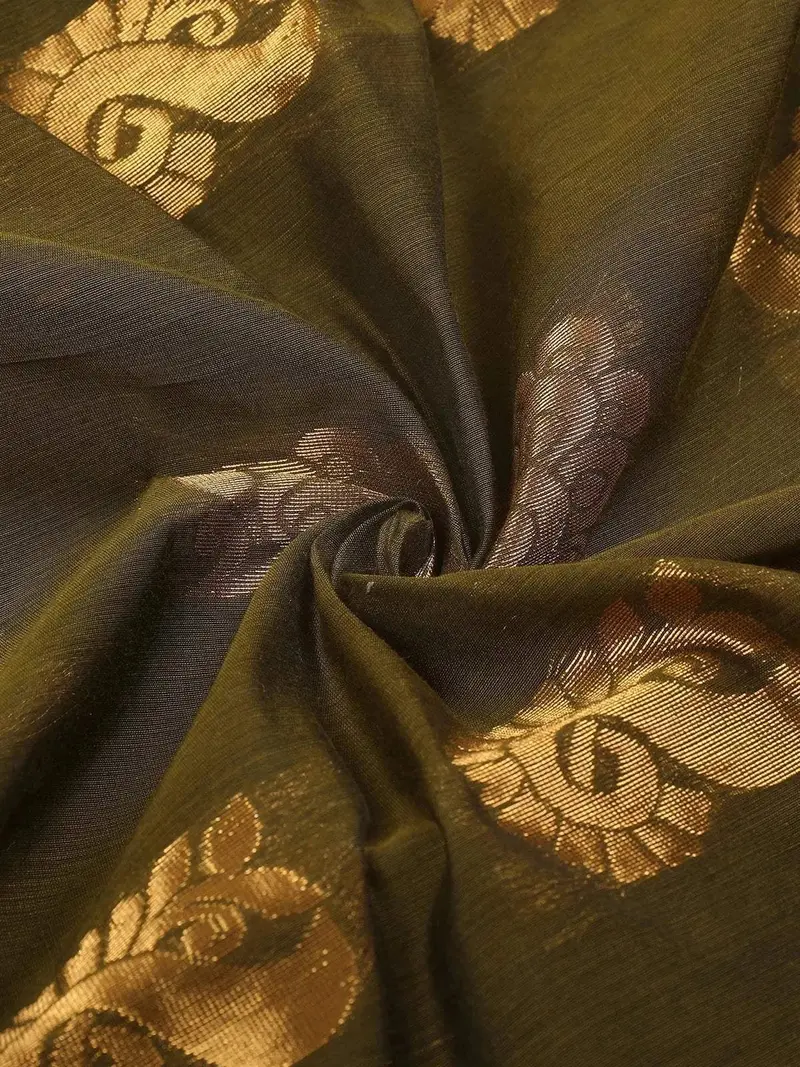 Olive Green Silk Cotton Saree With Floral Motif Design On The Body And Contrast Border 2