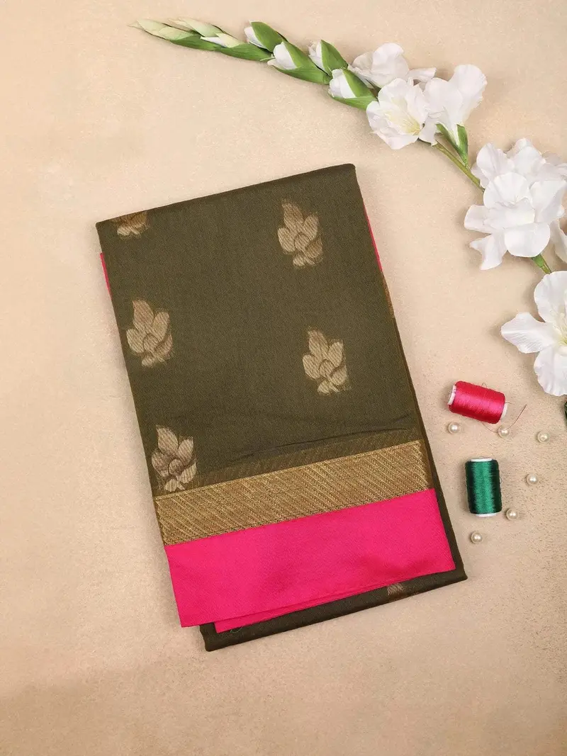 Olive Green Silk Cotton Saree With Flower Motif Design On The Body And Contrast Zari Border 1