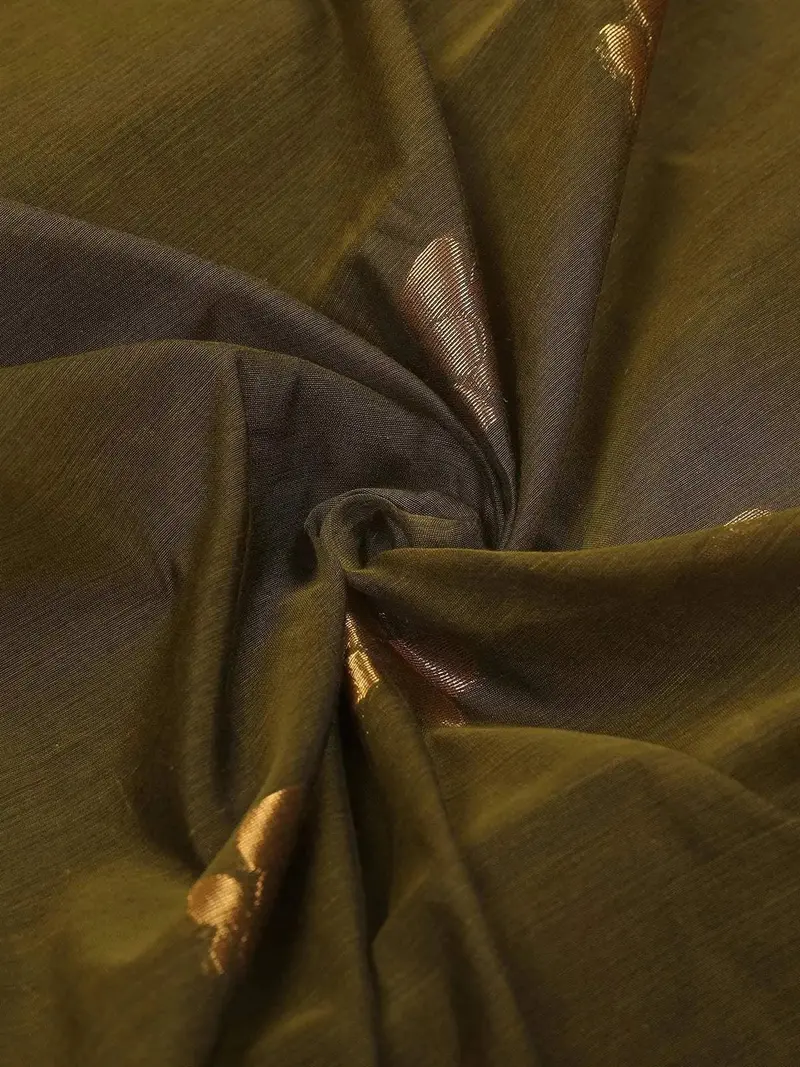 Olive Green Silk Cotton Saree With Flower Motif Design On The Body And Contrast Zari Border 2