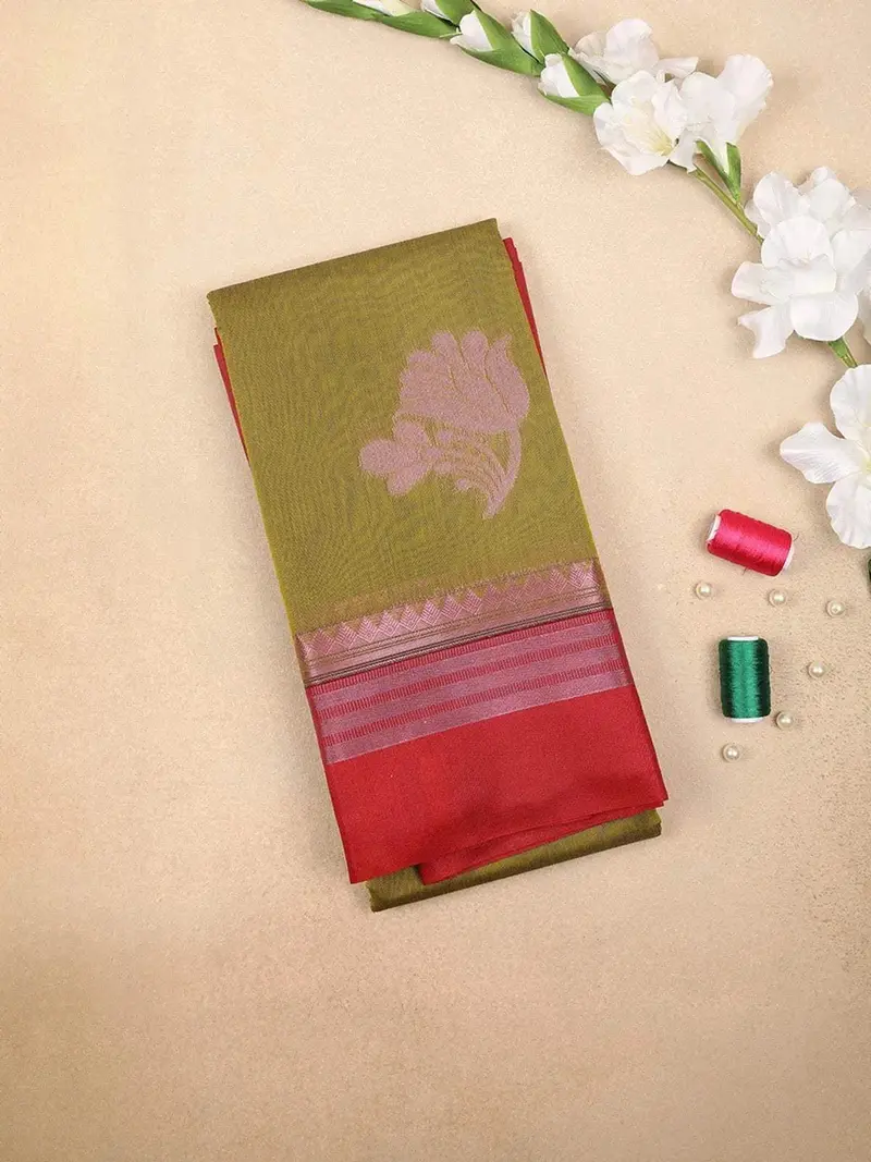 Olive Green Silk Cotton Saree With Flower Motifs Design On The Body With Contrast Border 1