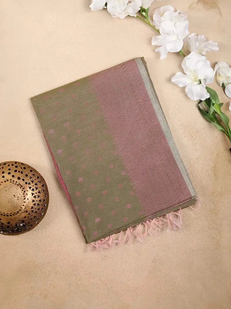 Olive Green Silk Cotton Saree With Leaf Motifs On The Body With Designed Border 1