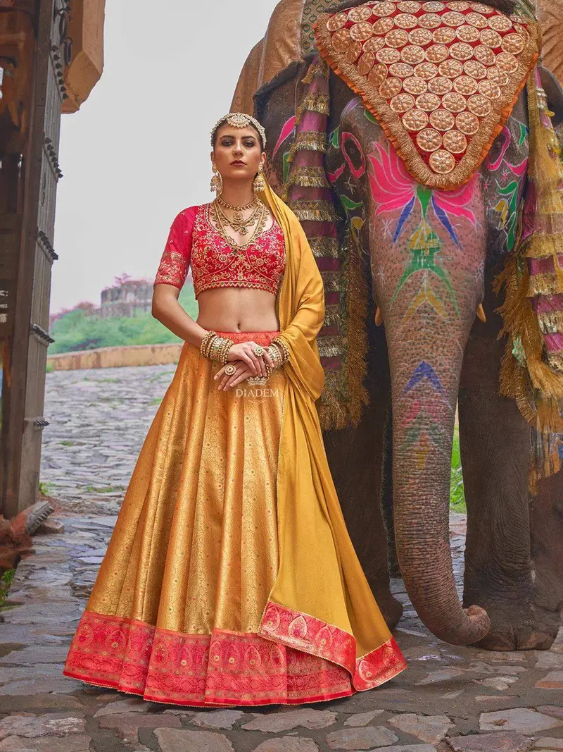 Olive Green Silk Lehenga Adorned With Prints And Embroidery, Paired With Dupatta 1