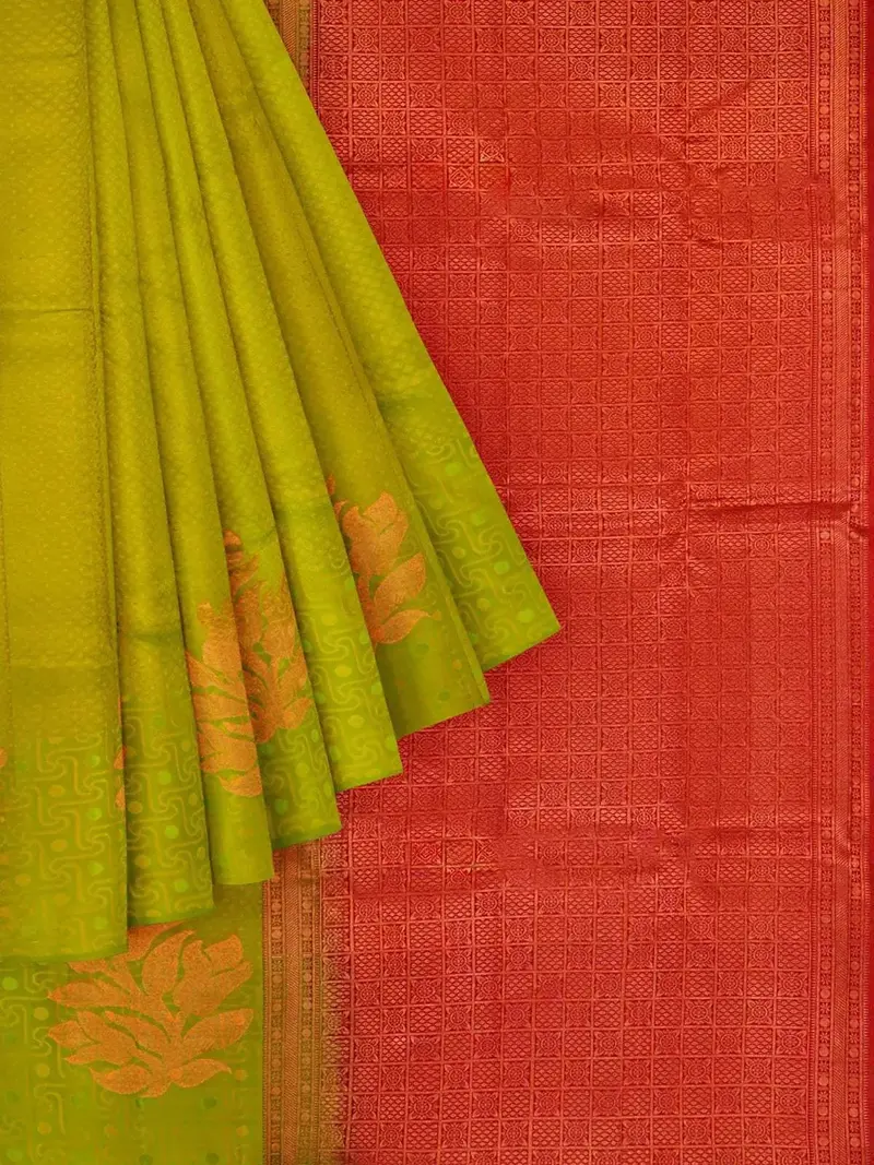 Olive Green Silk Saree With Floral Motif On The Body And Without Border 1