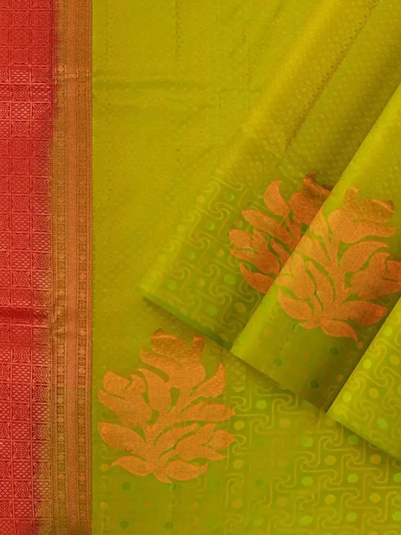 Olive Green Silk Saree With Floral Motif On The Body And Without Border 2