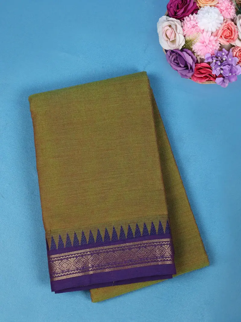 Olive Green Solid Cotton Saree With Zari Woven Purple Border 1