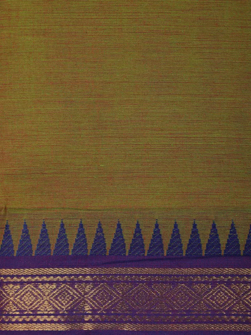 Olive Green Solid Cotton Saree With Zari Woven Purple Border 2