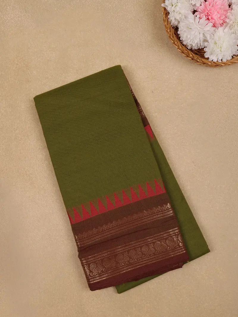 Olive Green Solid Design Cotton Fancy Saree 1