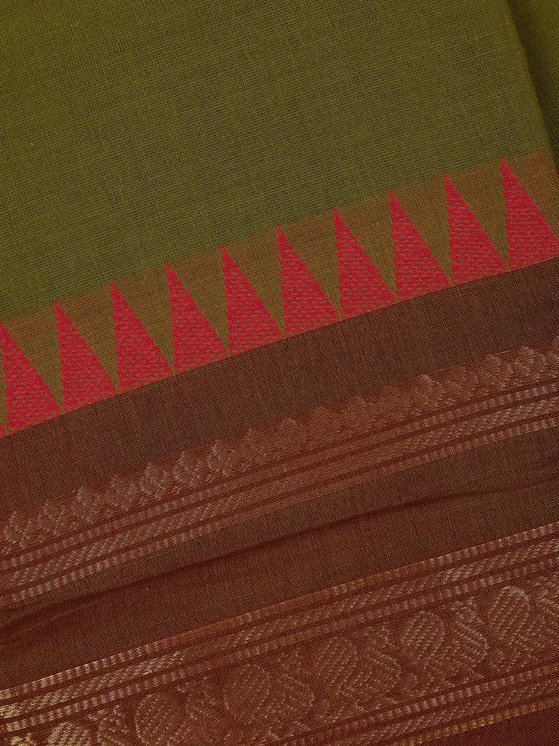 Olive Green Solid Design Cotton Fancy Saree 2