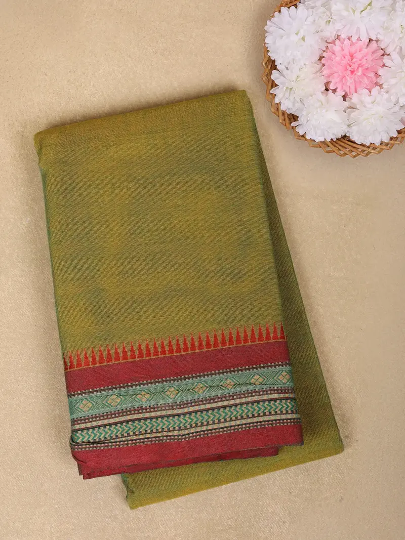 Olive Green Solid Design Cotton Saree With Contrast Border 1