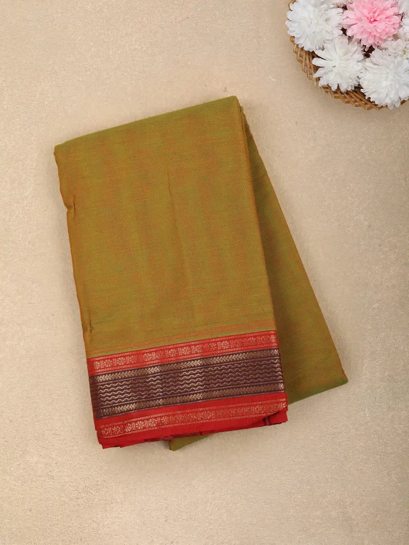 Olive Green Solid Design Cotton Saree With Contrast Border 1