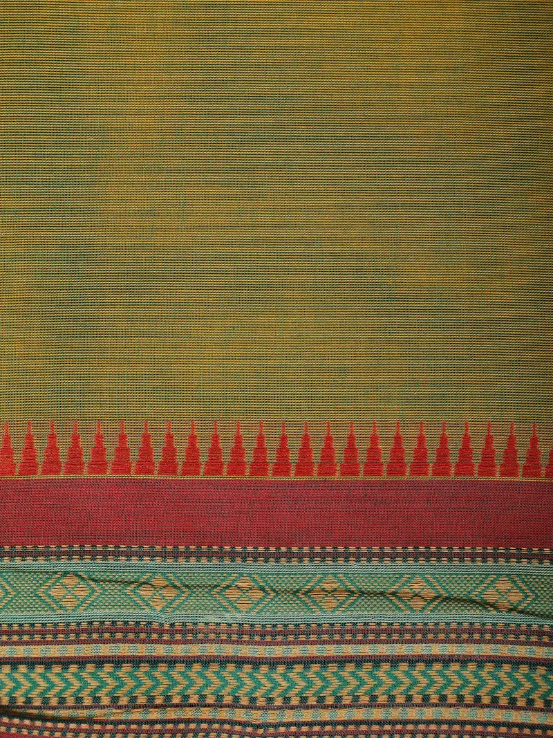 Olive Green Solid Design Cotton Saree With Contrast Border 2