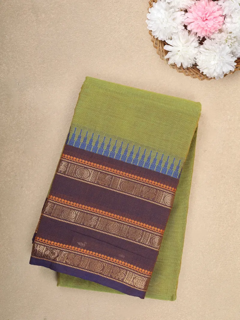 Olive Green Solid Design Cotton Saree With Contrast Dark Purple Zari Woven Border 1