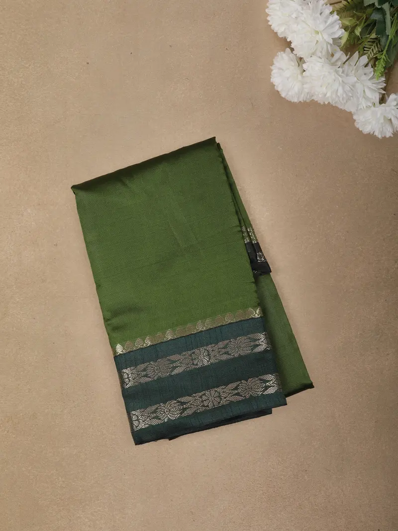 Olive Green Solid Design Semi Silk Fancy Saree With Contrast Zari Border 1