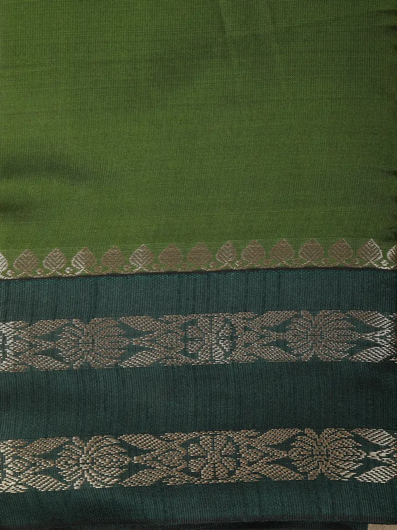 Olive Green Solid Design Semi Silk Fancy Saree With Contrast Zari Border 2