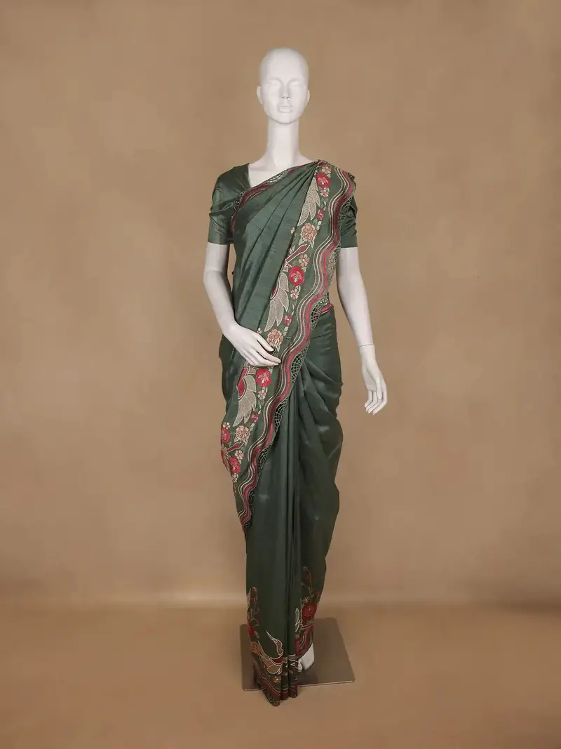 Olive Green Solid Design Semi Tussar Saree 1