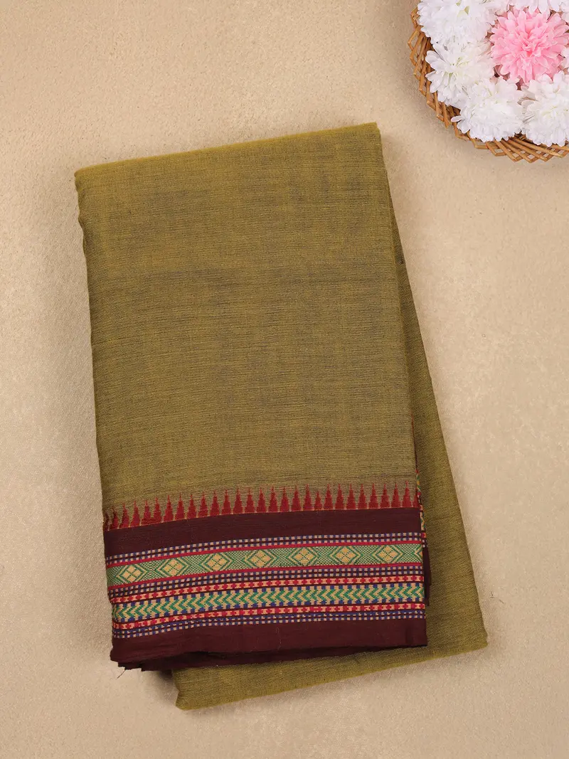 Olive Green Solid Woven Design Cotton Saree With Contrast Border 1