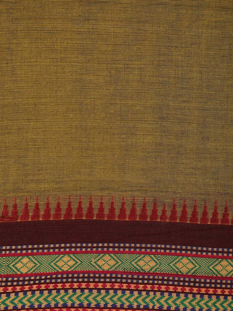 Olive Green Solid Woven Design Cotton Saree With Contrast Border 2