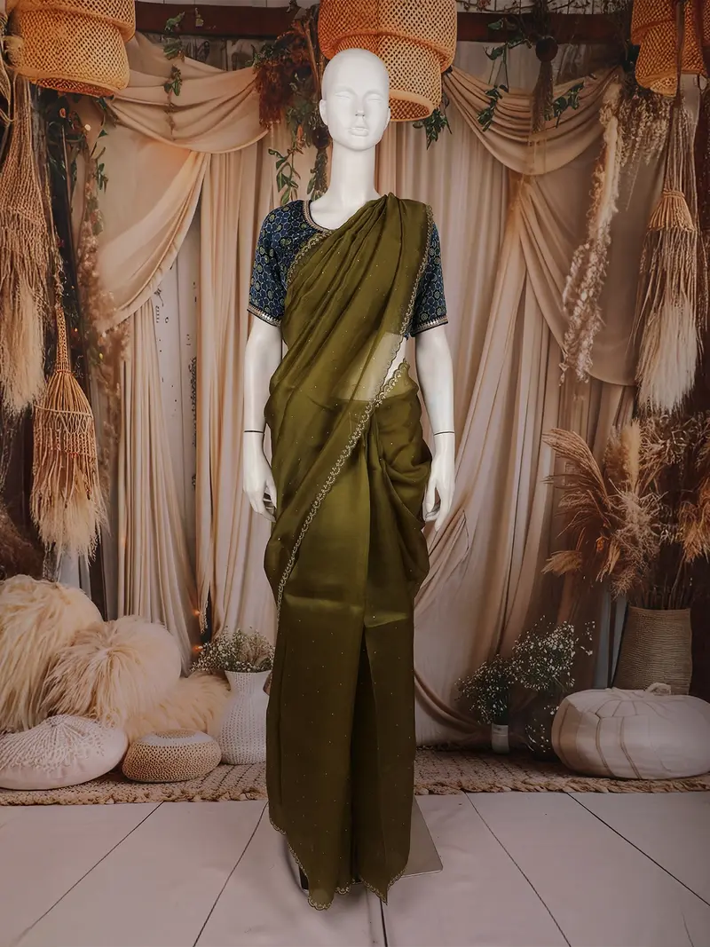 Olive Green Stone Embellished Design Tussar Fancy Saree With Kalamkari Blouse 1