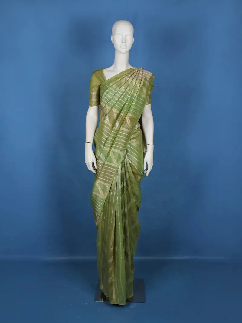 Olive Green Striped And Floral Zari Woven Design Banarasi Silk Saree 1
