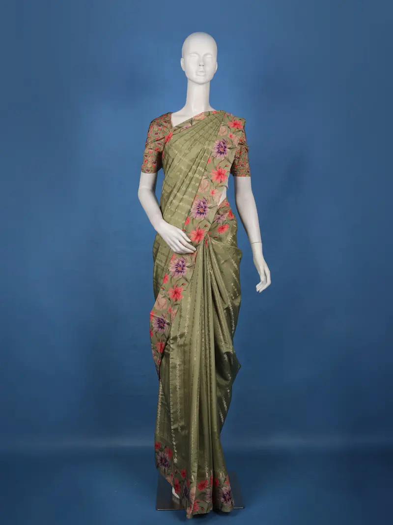 Olive Green Striped Design Art Silk Saree 1