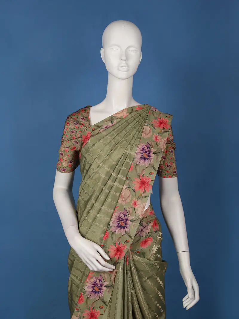 Olive Green Striped Design Art Silk Saree 2