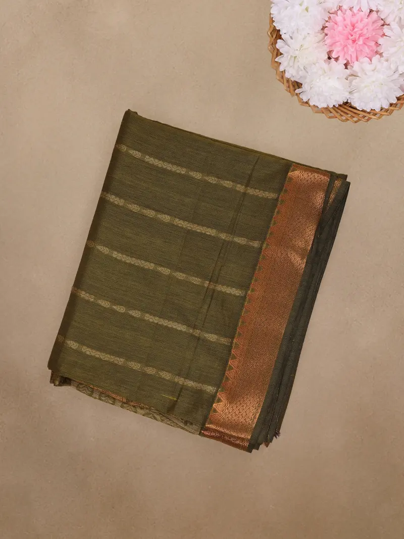 Olive Green Striped Woven Cotton Saree 1