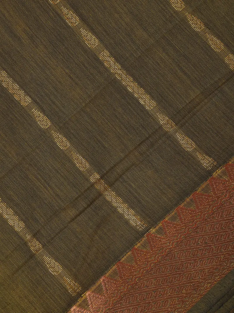 Olive Green Striped Woven Cotton Saree 2