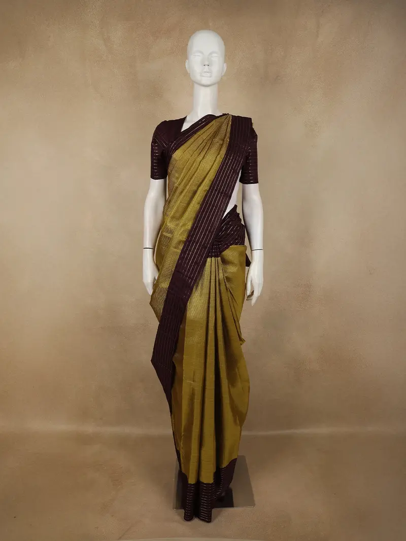 Olive Green Striped Zari Woven Design Pure Kanchipuram Silk Saree With Contrast Zari Border 1
