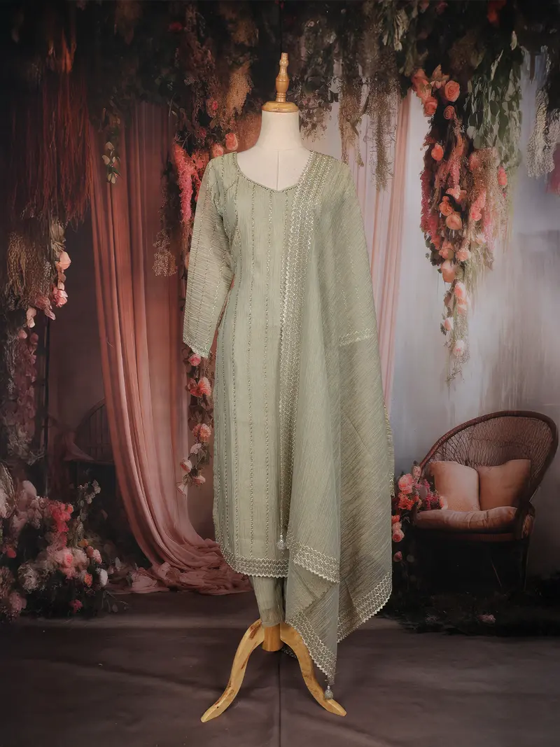 Olive Green Stripes Bead Design Tissue Organza Salwar Suit 1