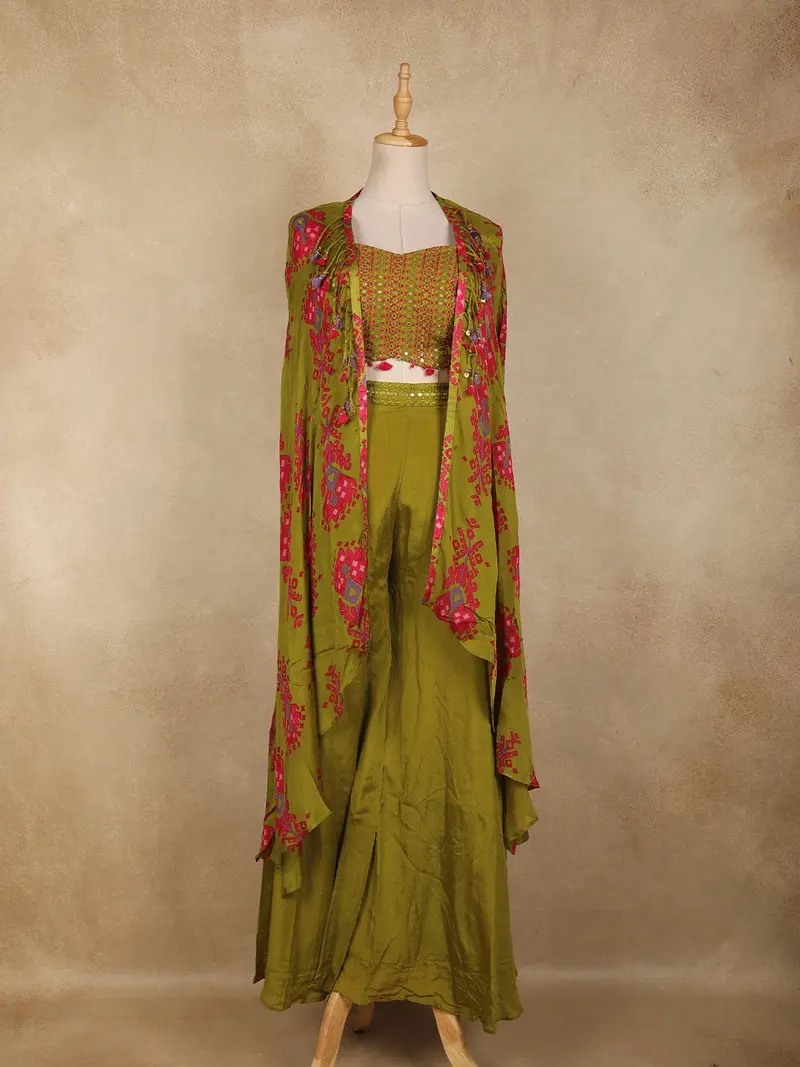 Olive Green Thread Embroidered Design Georgette Indo Western Palazzo Suit 1