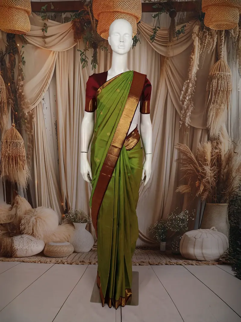 Olive Green Traditional Butta Woven Design Pure Kanchipuram Silk Saree With Contrast  Zari Border 1